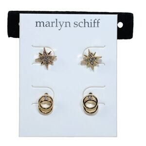Marlyn Schiff Stud Earrings Set of 2 - Gold with crystals - NWT